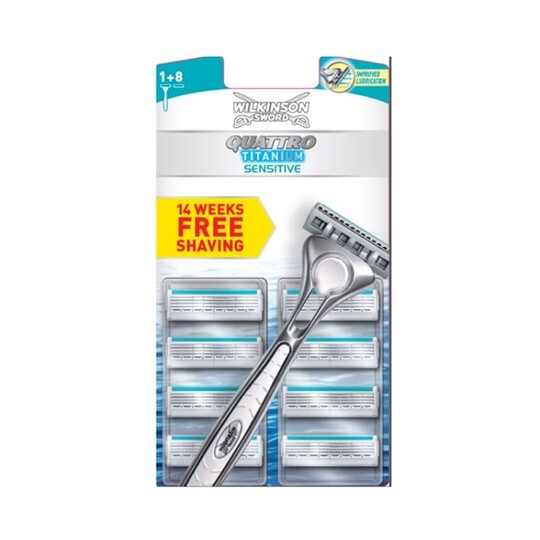 Wilkinson Quattro Titanium Sensitive holiaci strojček + 8 hlavic